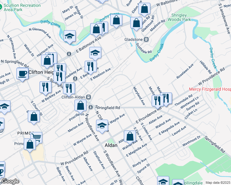 map of restaurants, bars, coffee shops, grocery stores, and more near 201 Birchwood Road in Aldan