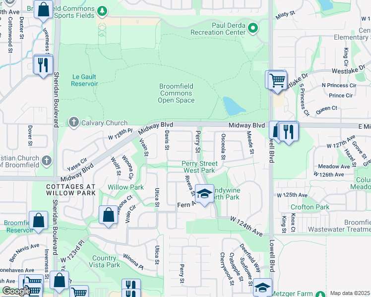map of restaurants, bars, coffee shops, grocery stores, and more near 4255 Thorndyke Place in Broomfield