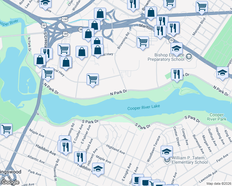 map of restaurants, bars, coffee shops, grocery stores, and more near 5105 N Park Dr # 1 in Pennsauken Township