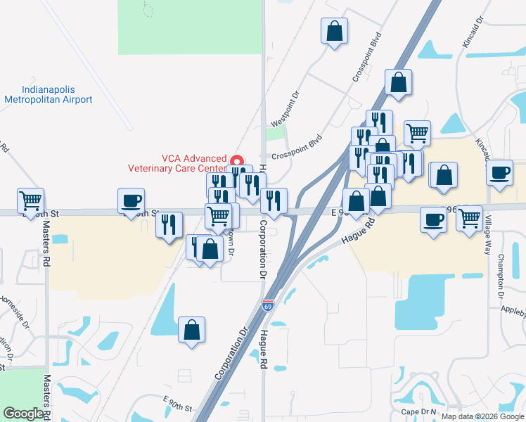 map of restaurants, bars, coffee shops, grocery stores, and more near E 96th St & Hague Rd in Fishers