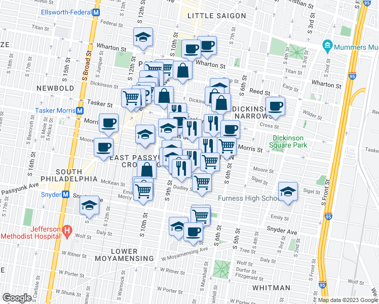 map of restaurants, bars, coffee shops, grocery stores, and more near 802 Pierce Street in Philadelphia