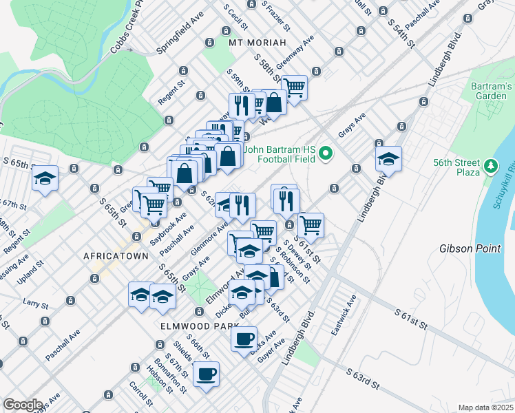 map of restaurants, bars, coffee shops, grocery stores, and more near 6113 Grays Avenue in Philadelphia