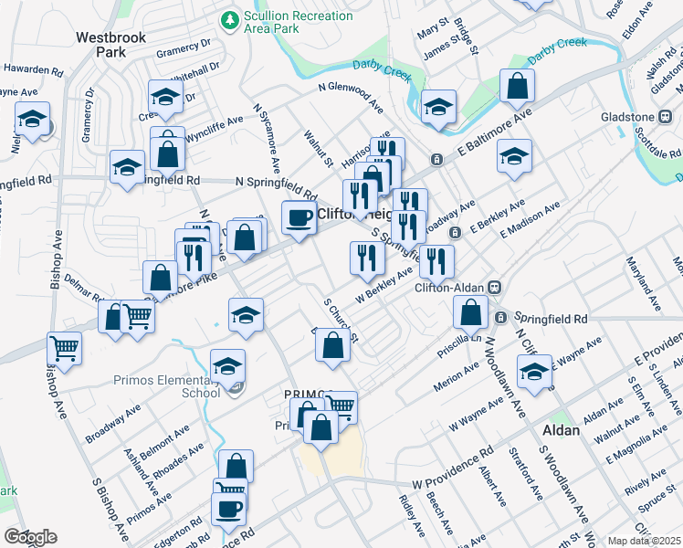 map of restaurants, bars, coffee shops, grocery stores, and more near 123 West Broadway Avenue in Clifton Heights