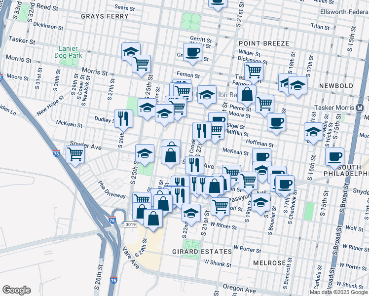 map of restaurants, bars, coffee shops, grocery stores, and more near 2012 South Hemberger Street in Philadelphia