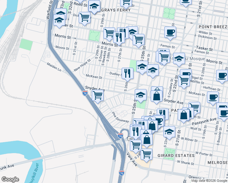 map of restaurants, bars, coffee shops, grocery stores, and more near Snyder Ave & S 27th St in Philadelphia