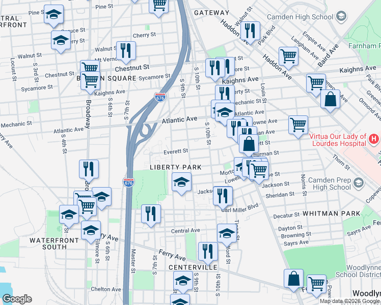 map of restaurants, bars, coffee shops, grocery stores, and more near 1508 South 9th Street in Camden