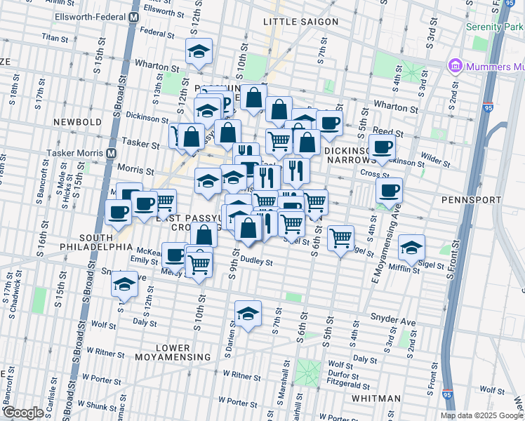 map of restaurants, bars, coffee shops, grocery stores, and more near 804 Pierce Street in Philadelphia