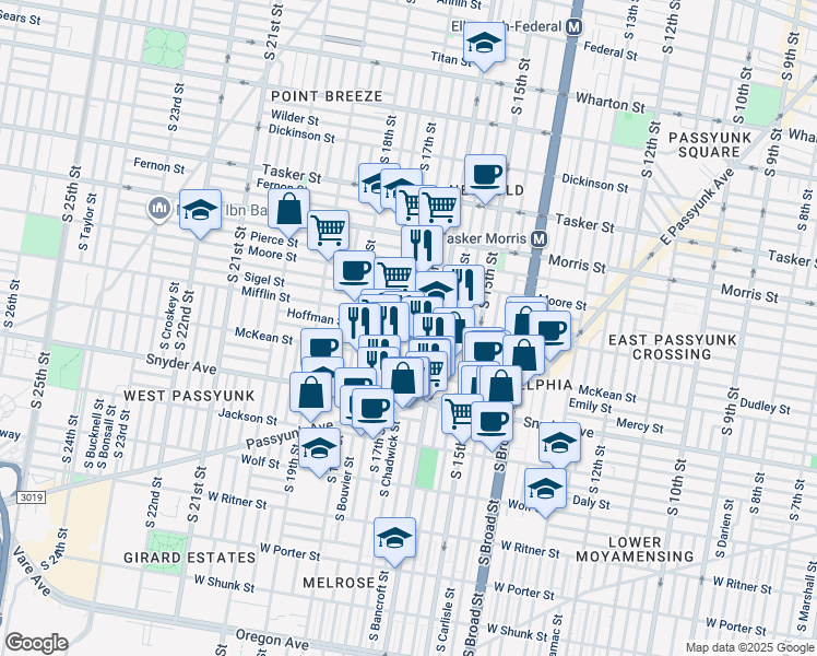 map of restaurants, bars, coffee shops, grocery stores, and more near 1910 South Chadwick Street in Philadelphia