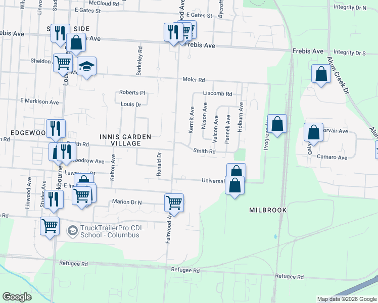 map of restaurants, bars, coffee shops, grocery stores, and more near 1551 Smith Road in Columbus