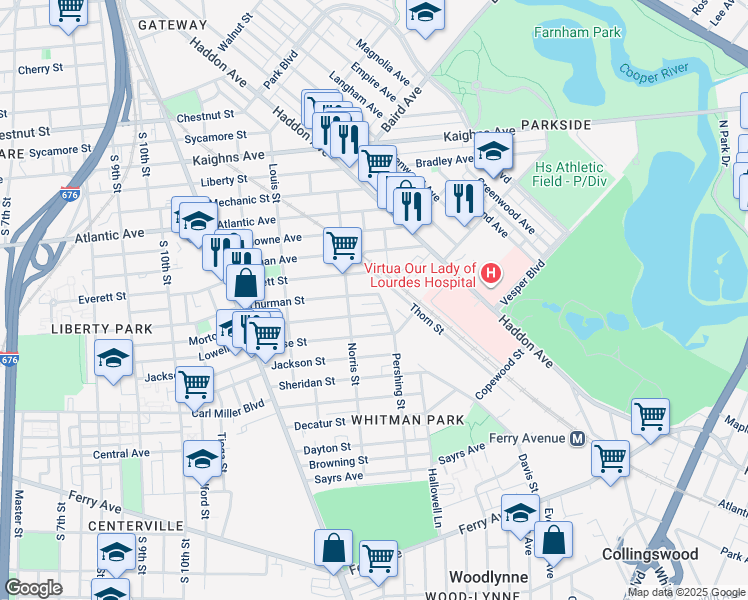 map of restaurants, bars, coffee shops, grocery stores, and more near 1340 Thurman Street in Camden