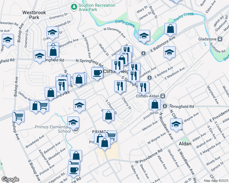 map of restaurants, bars, coffee shops, grocery stores, and more near 115 West Broadway Avenue in Clifton Heights