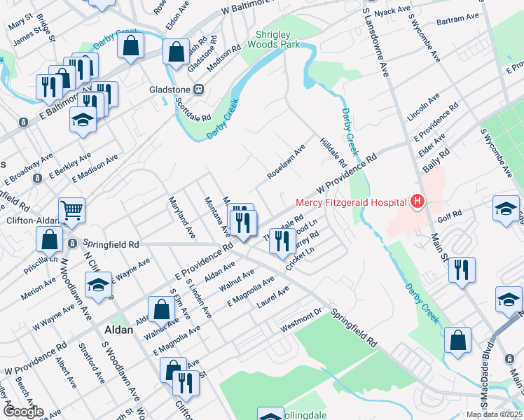 map of restaurants, bars, coffee shops, grocery stores, and more near 6 Arbor Lea Road in Lansdowne