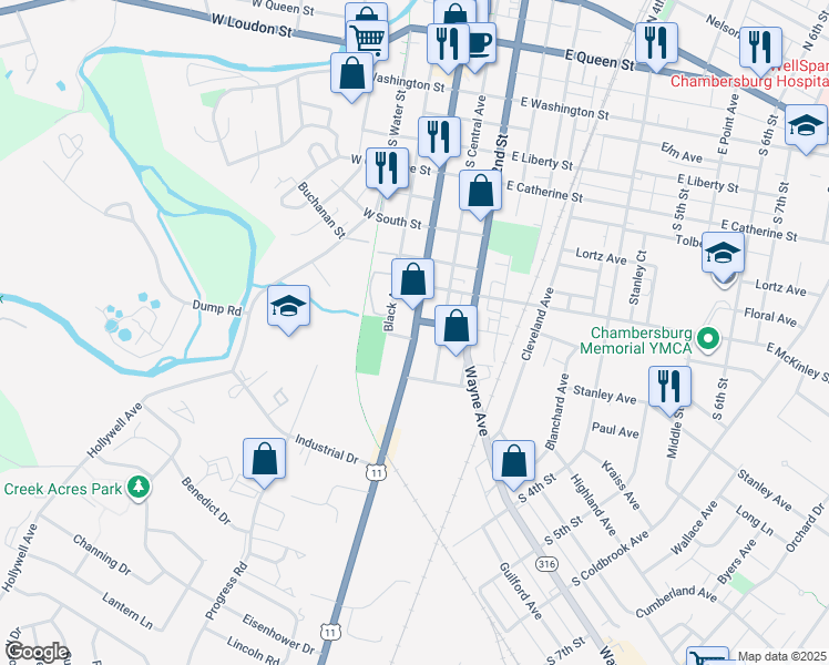 map of restaurants, bars, coffee shops, grocery stores, and more near 679 S Main St in Chambersburg
