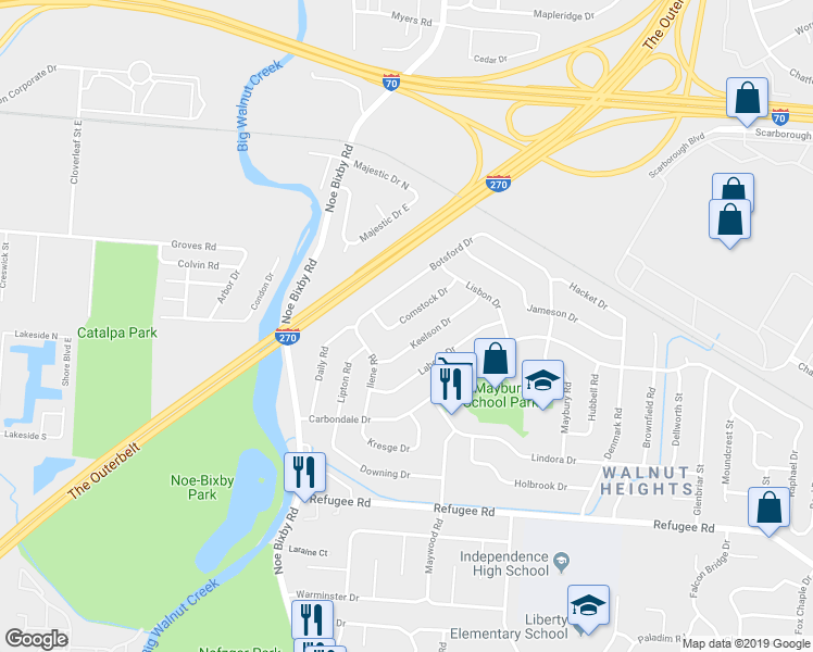 map of restaurants, bars, coffee shops, grocery stores, and more near 4941 Comstock Drive in Columbus