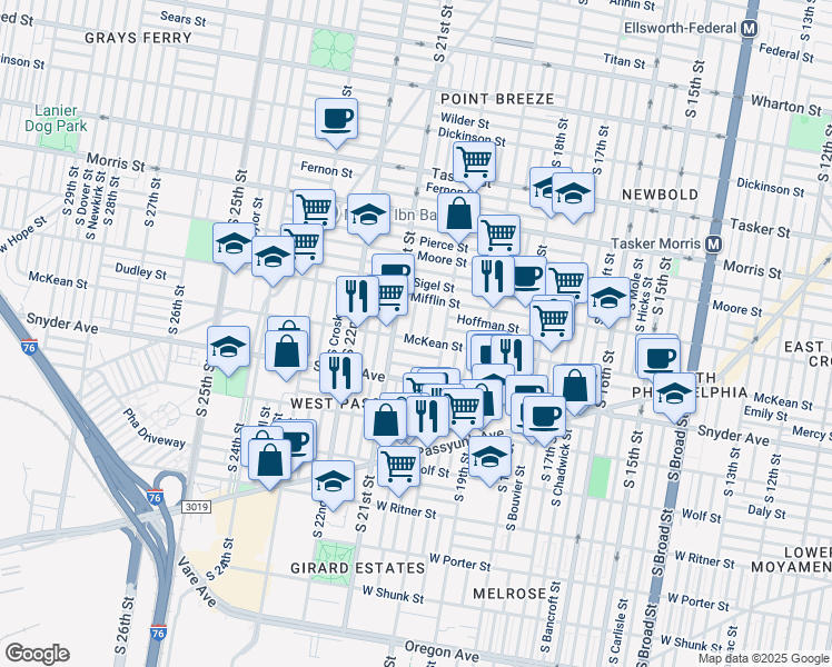 map of restaurants, bars, coffee shops, grocery stores, and more near 2029 McKean Street in Philadelphia