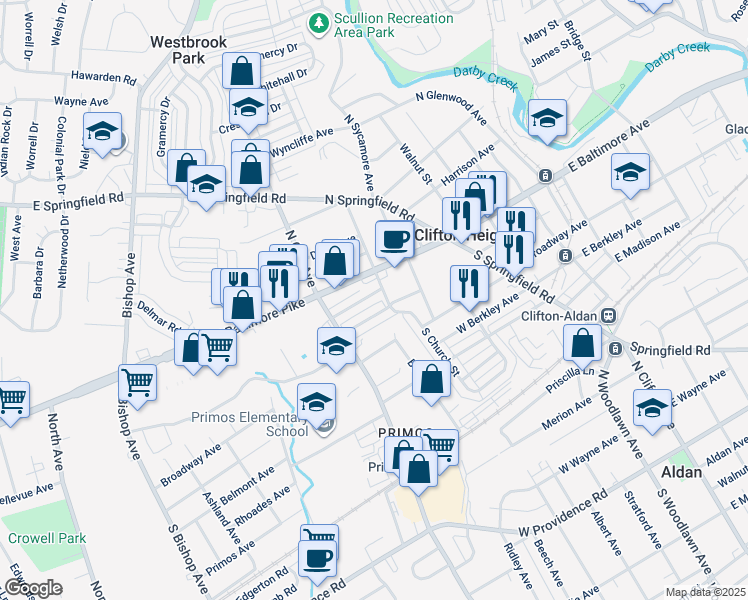 map of restaurants, bars, coffee shops, grocery stores, and more near 212 Cambridge Road in Clifton Heights