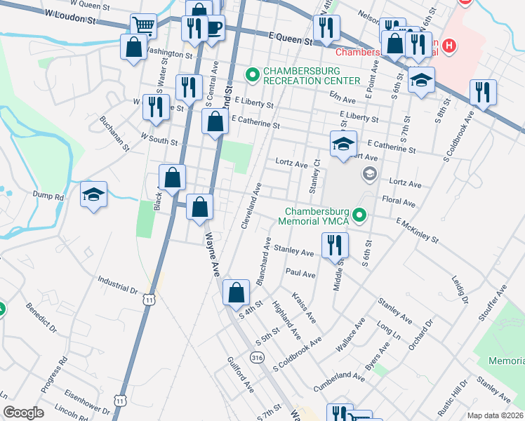map of restaurants, bars, coffee shops, grocery stores, and more near 337 East Garfield Street in Chambersburg