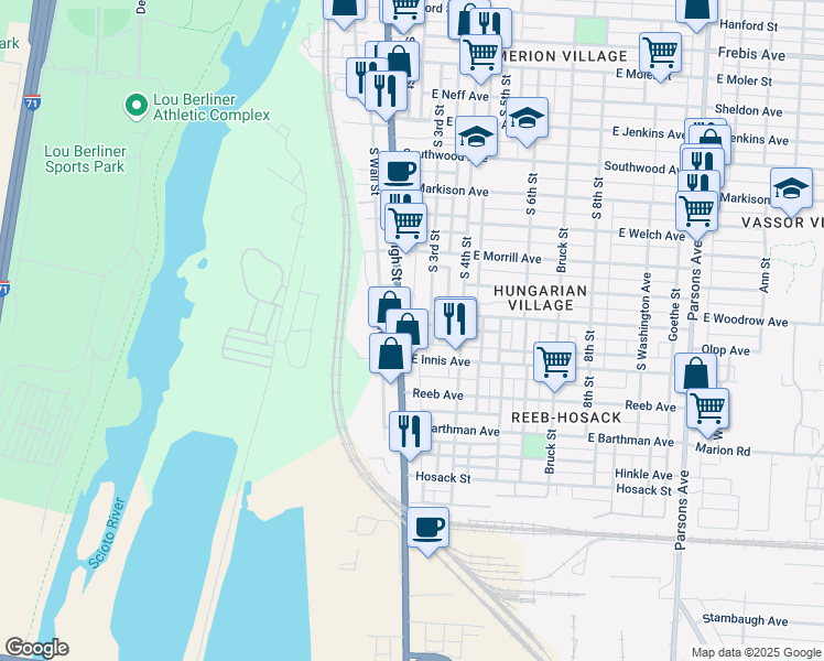 map of restaurants, bars, coffee shops, grocery stores, and more near 1704 South Pearl Street in Columbus