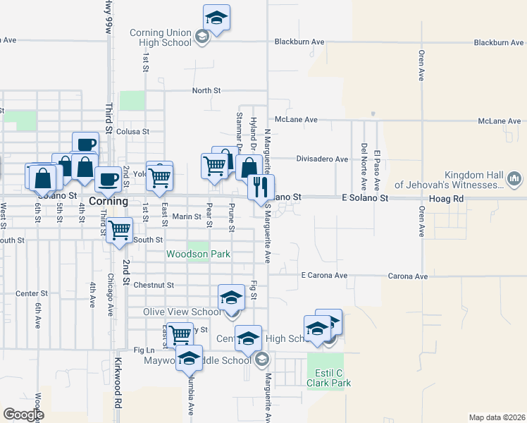 map of restaurants, bars, coffee shops, grocery stores, and more near 890 South Marguerite Avenue in Corning