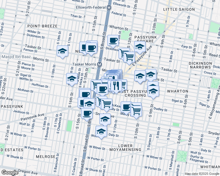 map of restaurants, bars, coffee shops, grocery stores, and more near 1820 S 13th St in Philadelphia