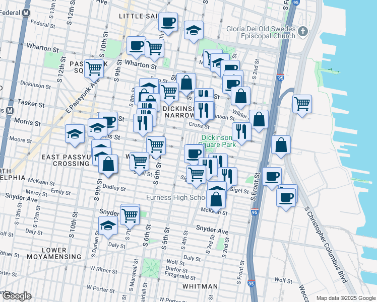 map of restaurants, bars, coffee shops, grocery stores, and more near 418 Morris Street in Philadelphia