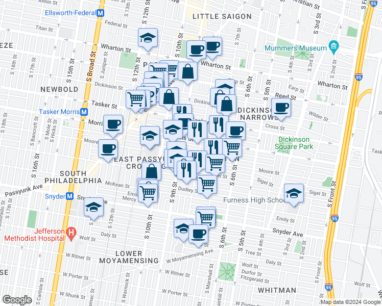 map of restaurants, bars, coffee shops, grocery stores, and more near 814 Pierce Street in Philadelphia
