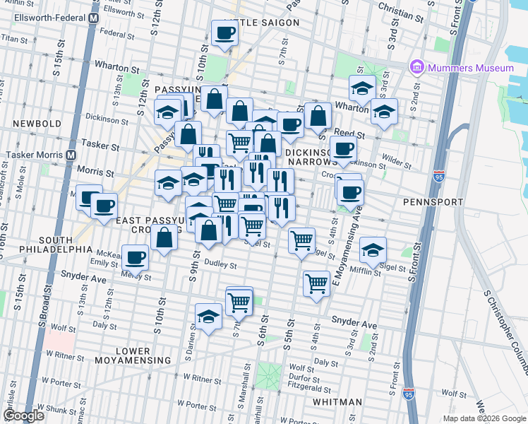 map of restaurants, bars, coffee shops, grocery stores, and more near 632 Watkins Street in Philadelphia