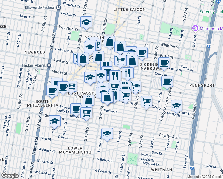 map of restaurants, bars, coffee shops, grocery stores, and more near 814 Pierce Street in Philadelphia
