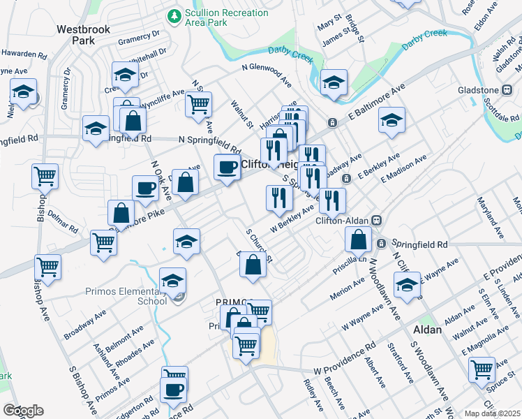map of restaurants, bars, coffee shops, grocery stores, and more near 121 West Broadway Avenue in Clifton Heights