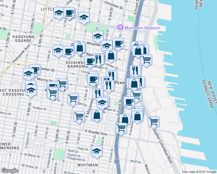 map of restaurants, bars, coffee shops, grocery stores, and more near 1628 South 2nd Street in Philadelphia