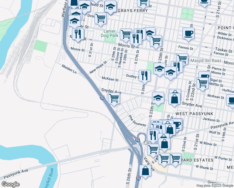 map of restaurants, bars, coffee shops, grocery stores, and more near 2804 Snyder Avenue in Philadelphia