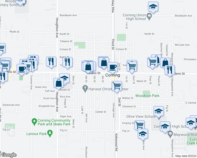 map of restaurants, bars, coffee shops, grocery stores, and more near 1214 Marin Street in Corning