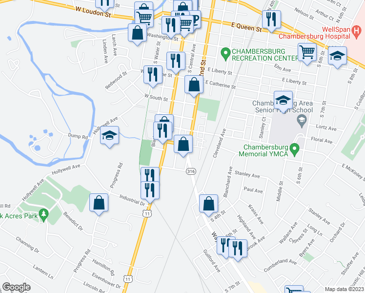 map of restaurants, bars, coffee shops, grocery stores, and more near 160 East Garfield Street in Chambersburg