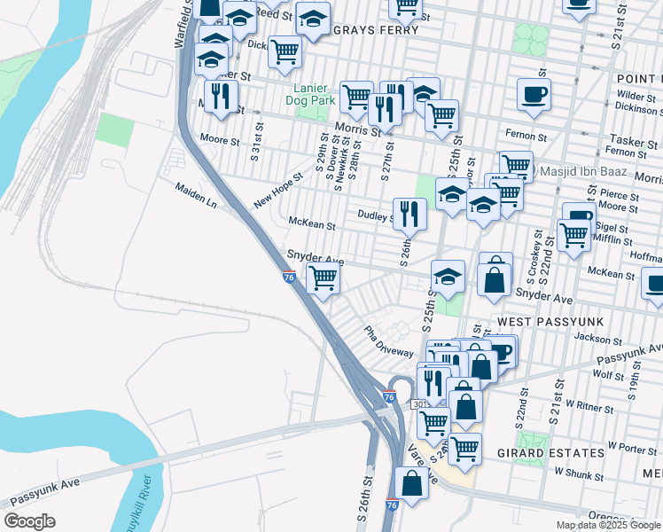 map of restaurants, bars, coffee shops, grocery stores, and more near 2804 Snyder Avenue in Philadelphia