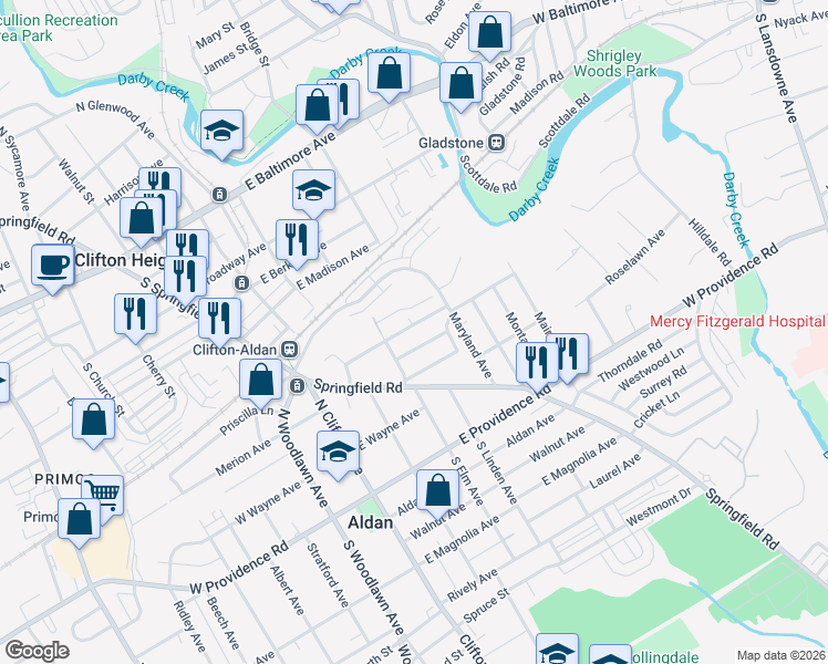 map of restaurants, bars, coffee shops, grocery stores, and more near 233 Hazelwood Road in Aldan