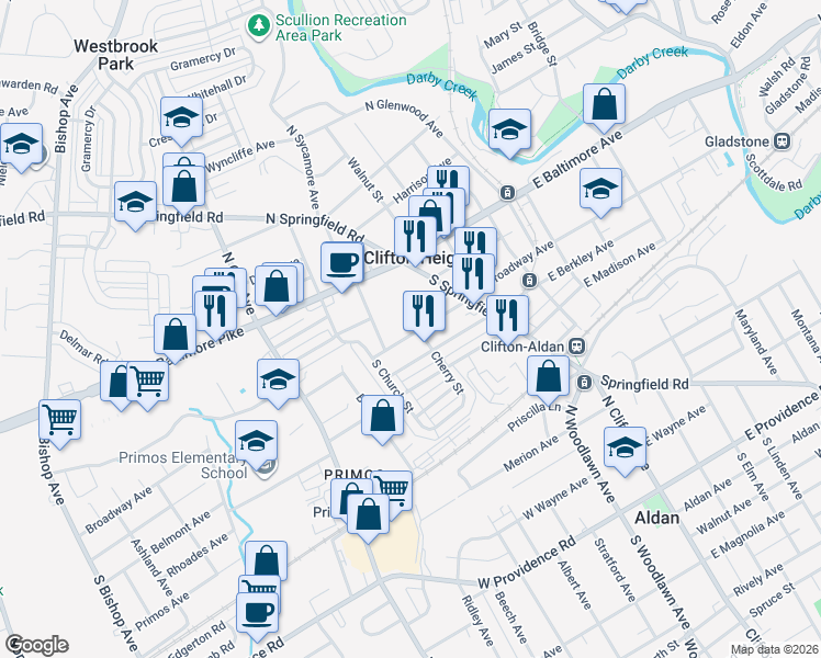 map of restaurants, bars, coffee shops, grocery stores, and more near 115 West Broadway Avenue in Clifton Heights
