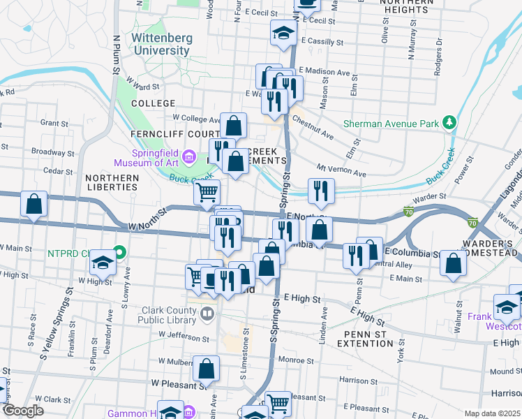 map of restaurants, bars, coffee shops, grocery stores, and more near 202 North Limestone Street in Springfield