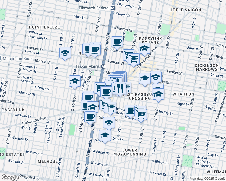 map of restaurants, bars, coffee shops, grocery stores, and more near 1820 S 13th St in Philadelphia