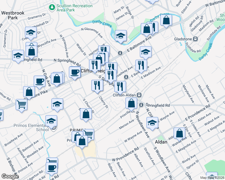map of restaurants, bars, coffee shops, grocery stores, and more near 24 West Berkley Avenue in Clifton Heights
