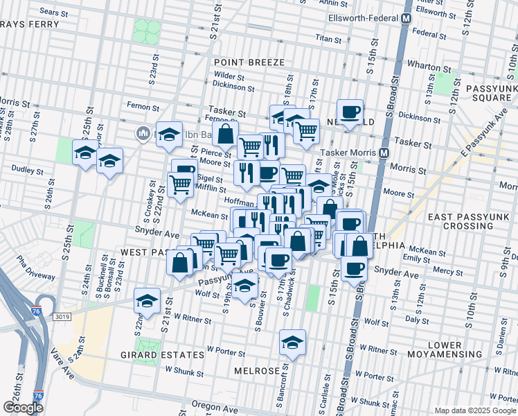 map of restaurants, bars, coffee shops, grocery stores, and more near 1818 Hoffman St in Philadelphia