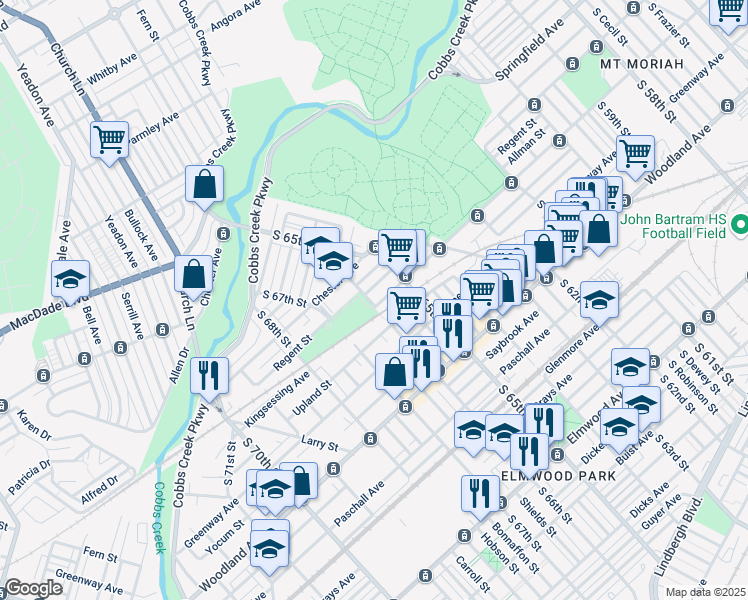 map of restaurants, bars, coffee shops, grocery stores, and more near 6553 Kingsessing Avenue in Philadelphia