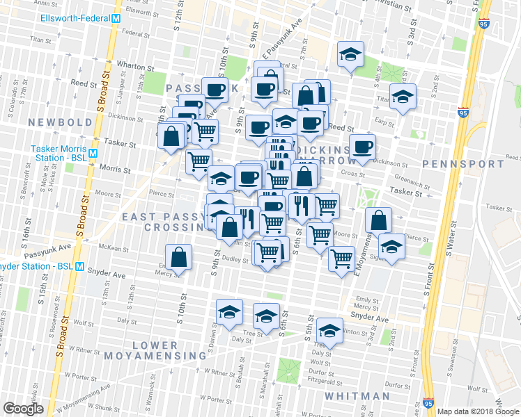 map of restaurants, bars, coffee shops, grocery stores, and more near 729 Pierce Street in Philadelphia