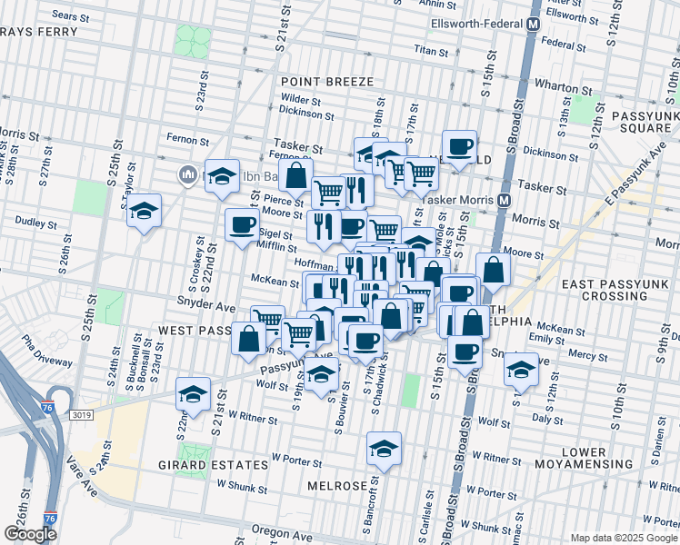 map of restaurants, bars, coffee shops, grocery stores, and more near 1818 Hoffman St in Philadelphia