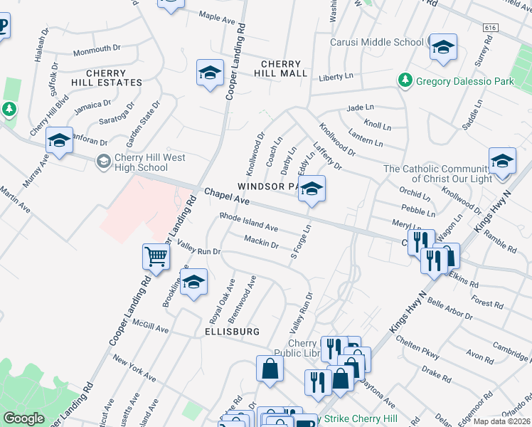 map of restaurants, bars, coffee shops, grocery stores, and more near 2815 Chapel Avenue West in Cherry Hill