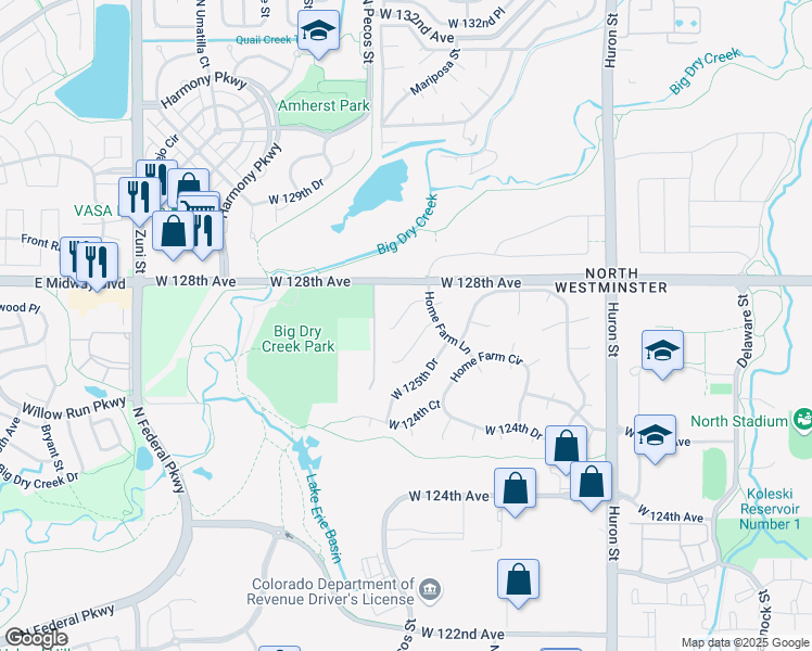 map of restaurants, bars, coffee shops, grocery stores, and more near 1137 West 126th Court in Westminster