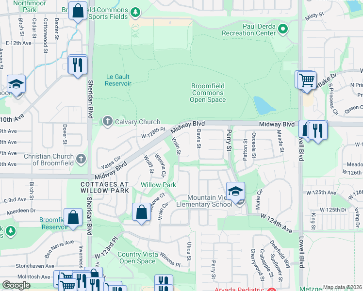 map of restaurants, bars, coffee shops, grocery stores, and more near 12682 Vrain Street in Broomfield