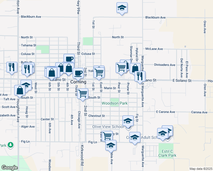 map of restaurants, bars, coffee shops, grocery stores, and more near 712 Marin Street in Corning