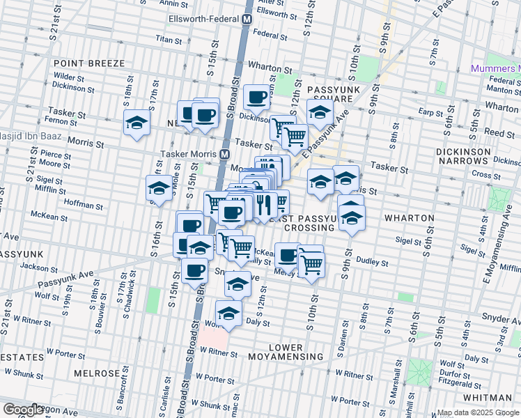 map of restaurants, bars, coffee shops, grocery stores, and more near 1831 East Passyunk Avenue in Philadelphia