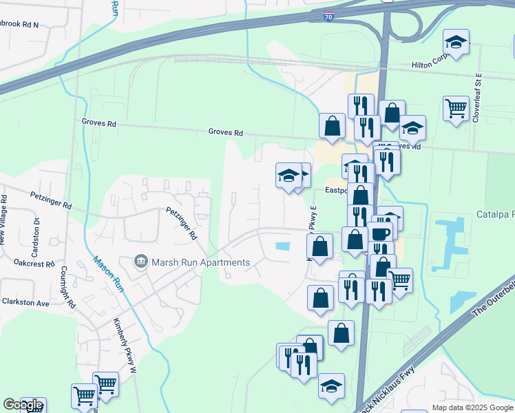 map of restaurants, bars, coffee shops, grocery stores, and more near 4117 Alvada Lane in Columbus