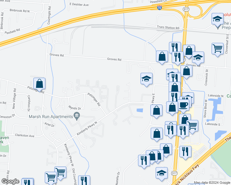 map of restaurants, bars, coffee shops, grocery stores, and more near 2211 Muirwood Drive in Columbus